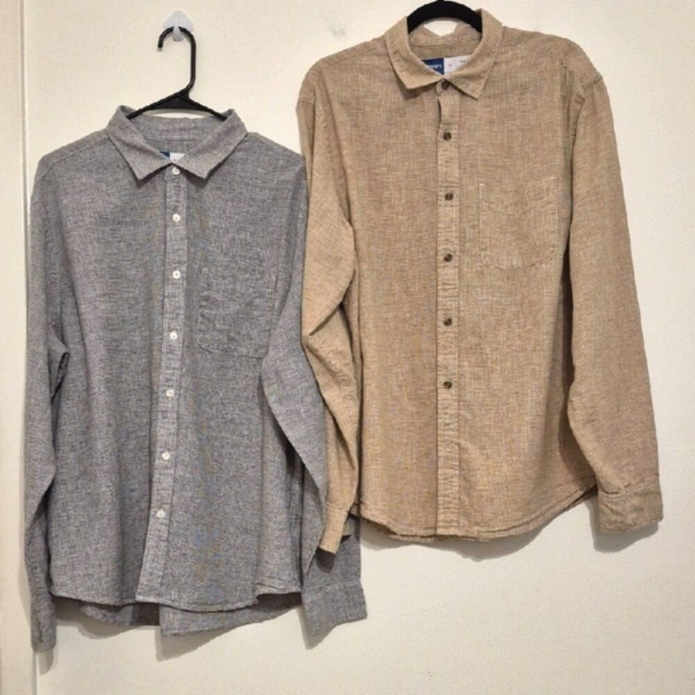 Old Navy Shirt Bundle Men Size XL Linen Blend Gray Beige Micro Check Button Down